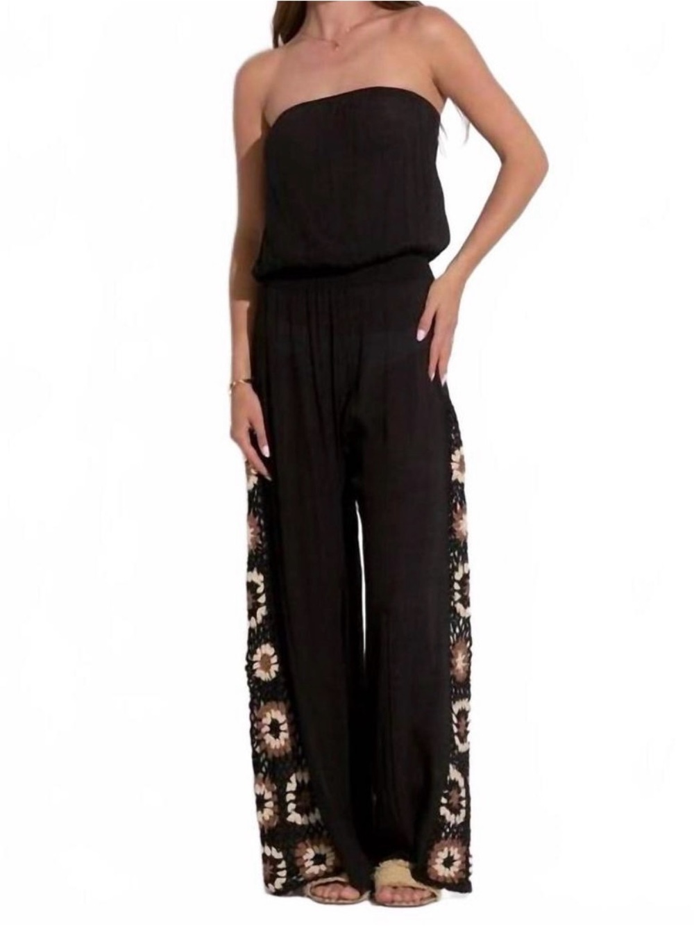 ELAN Black Strapless Wide-Leg Jumpsuit/Beach Cover-up with Floral Embroidery